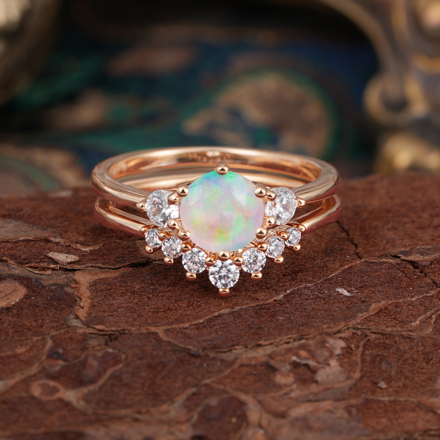 1 Carat Side Stone Round Cut Opal Bridal Ring Set