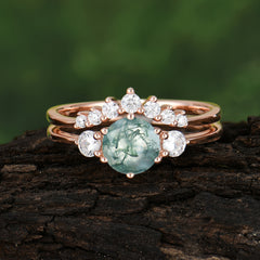 1 Carat Round Cut Moss Agate Engagement Ring Set Classic Wedding Ring