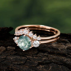 1 Carat Round Cut Moss Agate Engagement Ring Set Classic Wedding Ring