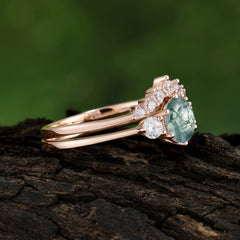 1 Carat Round Cut Moss Agate Engagement Ring Set Classic Wedding Ring