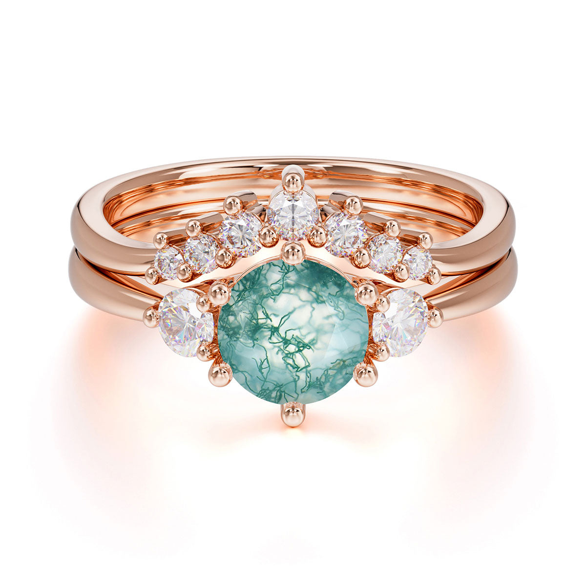 1 Carat Round Cut Moss Agate Engagement Ring Set Classic Wedding Ring