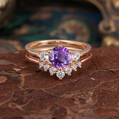 1 Carat Round Cut Amethyst Engagement Ring Set Classic Wedding Ring
