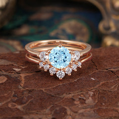 1 Carat Round Cut Aquamarine Engagement Ring Set Classic Wedding Ring