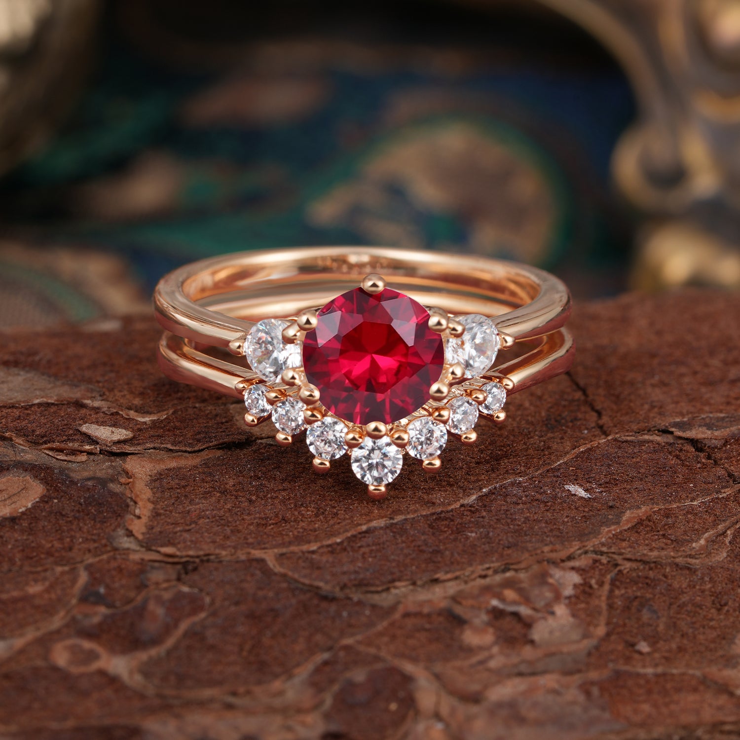 1 Carat Side Stone Round Cut Ruby Bridal Ring Set