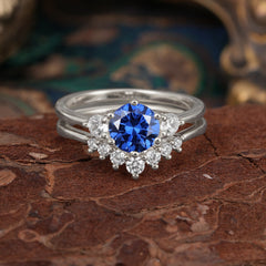 1 Carat Round Cut Sapphire Engagement Ring Set Classic Wedding Ring