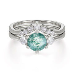 1 Carat Round Cut Moss Agate Engagement Ring Set Classic Wedding Ring
