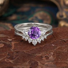 1 Carat Round Cut Amethyst Engagement Ring Set Classic Wedding Ring
