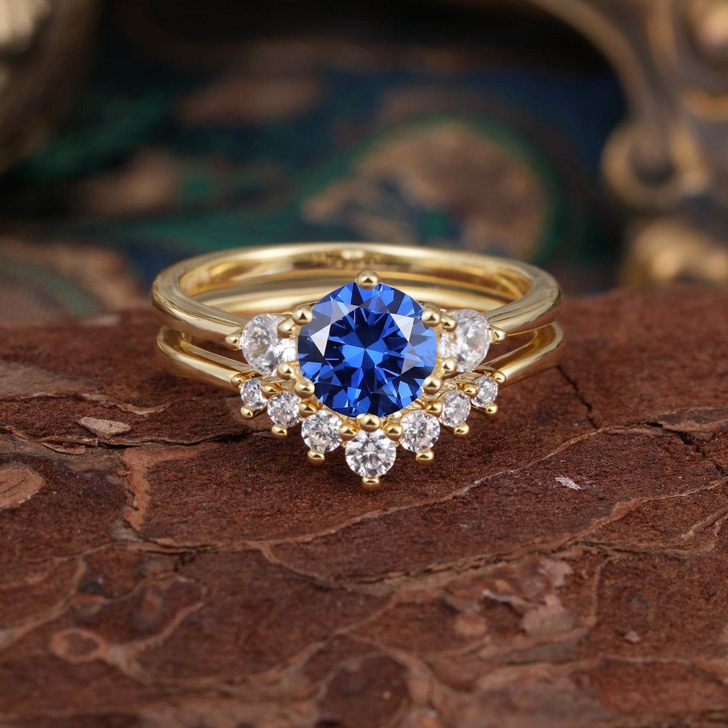 1 Carat Side Stone Round Cut Sapphire Bridal Ring Set - Romalar Jewelry