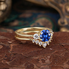 1 Carat Round Cut Sapphire Engagement Ring Set Classic Wedding Ring
