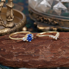1 Carat Round Cut Sapphire Engagement Ring Set Classic Wedding Ring