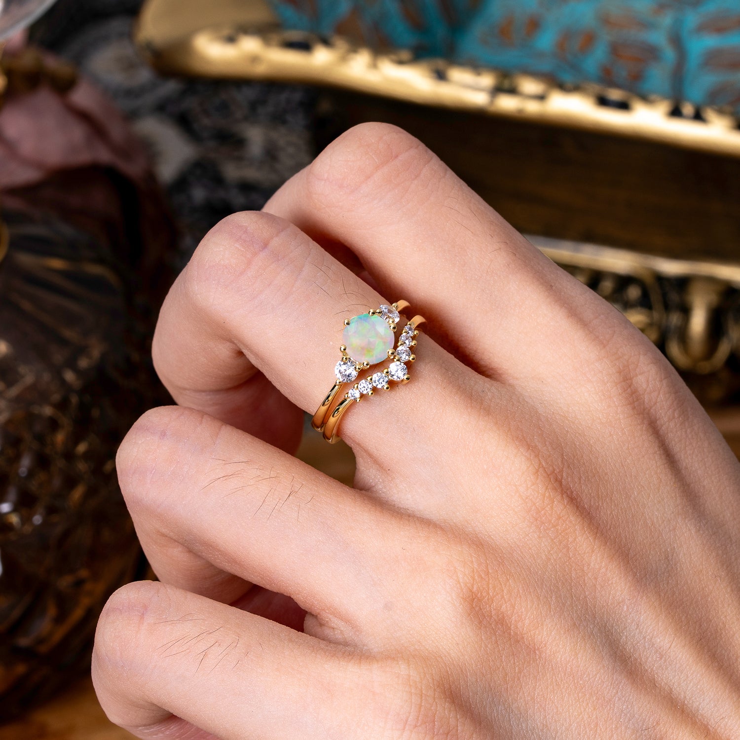 1 Carat Side Stone Round Cut Opal Bridal Ring Set