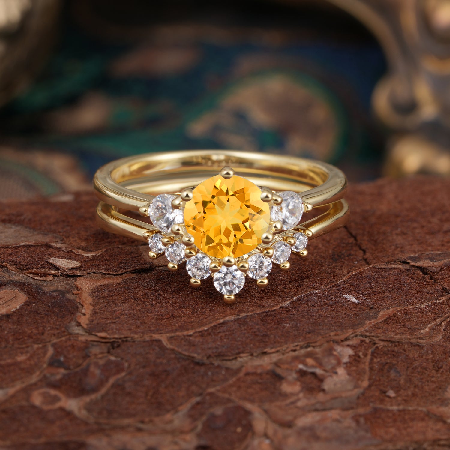 1 Carat Side Stone Round Cut Citrine Bridal Ring Set