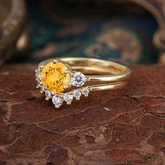 1 Carat Round Cut Citrine Engagement Ring Set Classic Wedding Ring