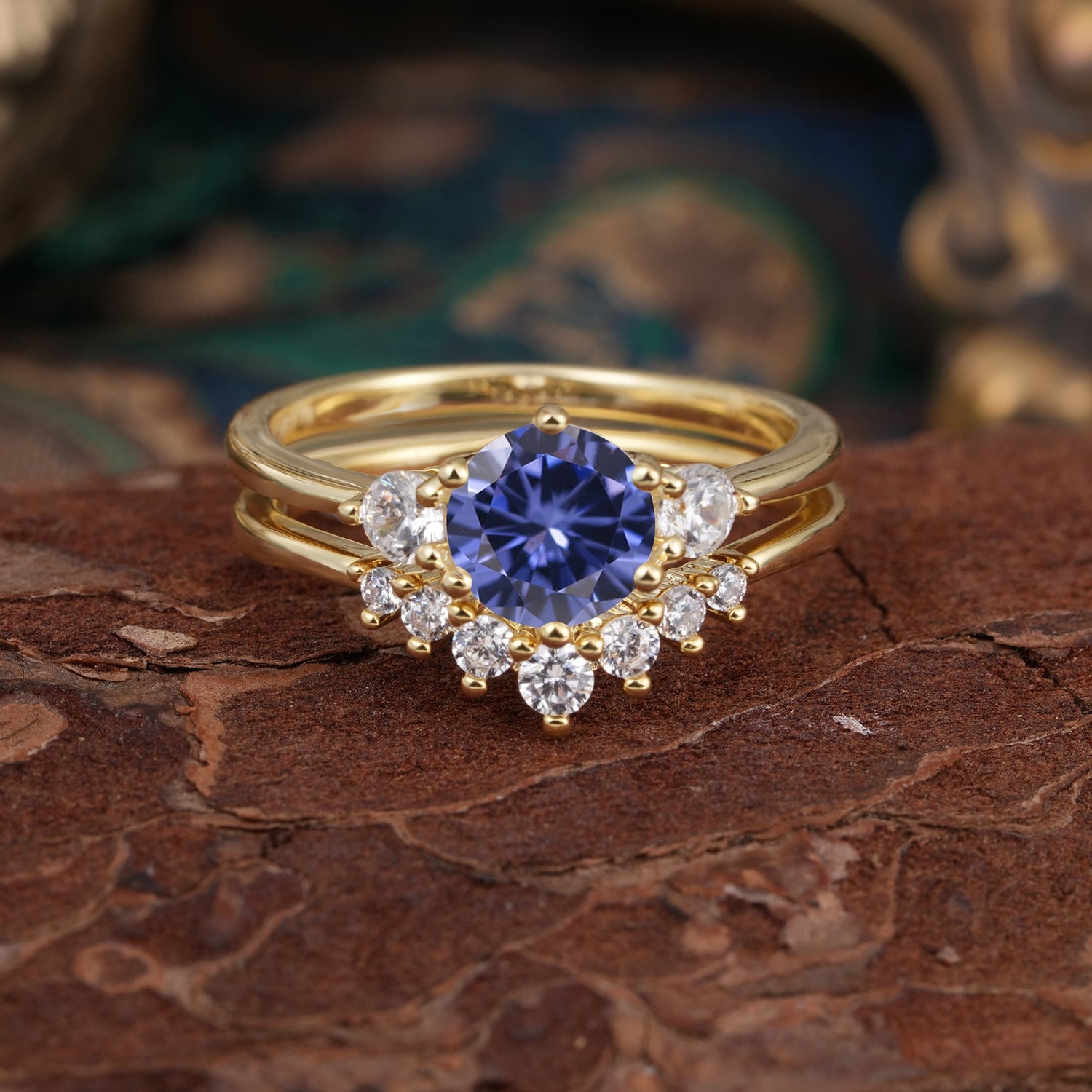 1 Carat Side Stone Round Cut Tanzanite Bridal Ring Set - Romalar Jewelry