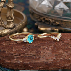 1 Carat Round Cut Turquoise Engagement Ring Set Classic Wedding Ring