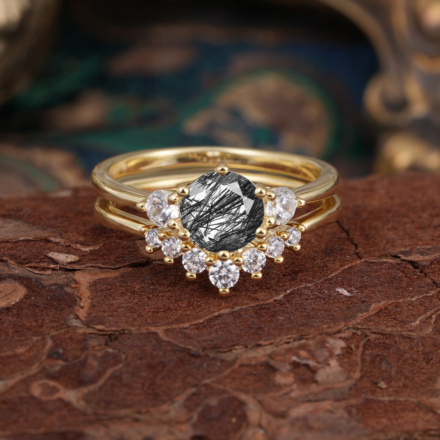 1 Carat Side Stone Round Cut Black Rutilated Quartz Bridal Ring Set