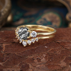 1 Carat Round Cut Black Rutilated Quartz Engagement Ring Set Classic Wedding Ring