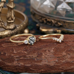 1 Carat Round Cut Black Rutilated Quartz Engagement Ring Set Classic Wedding Ring