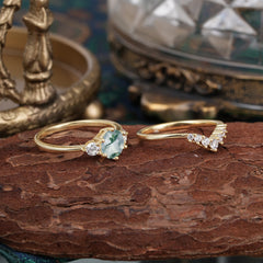 1 Carat Round Cut Moss Agate Engagement Ring Set Classic Wedding Ring