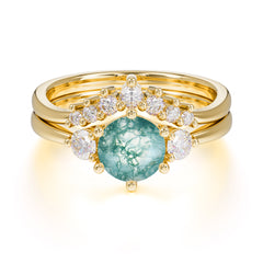 1 Carat Round Cut Moss Agate Engagement Ring Set Classic Wedding Ring