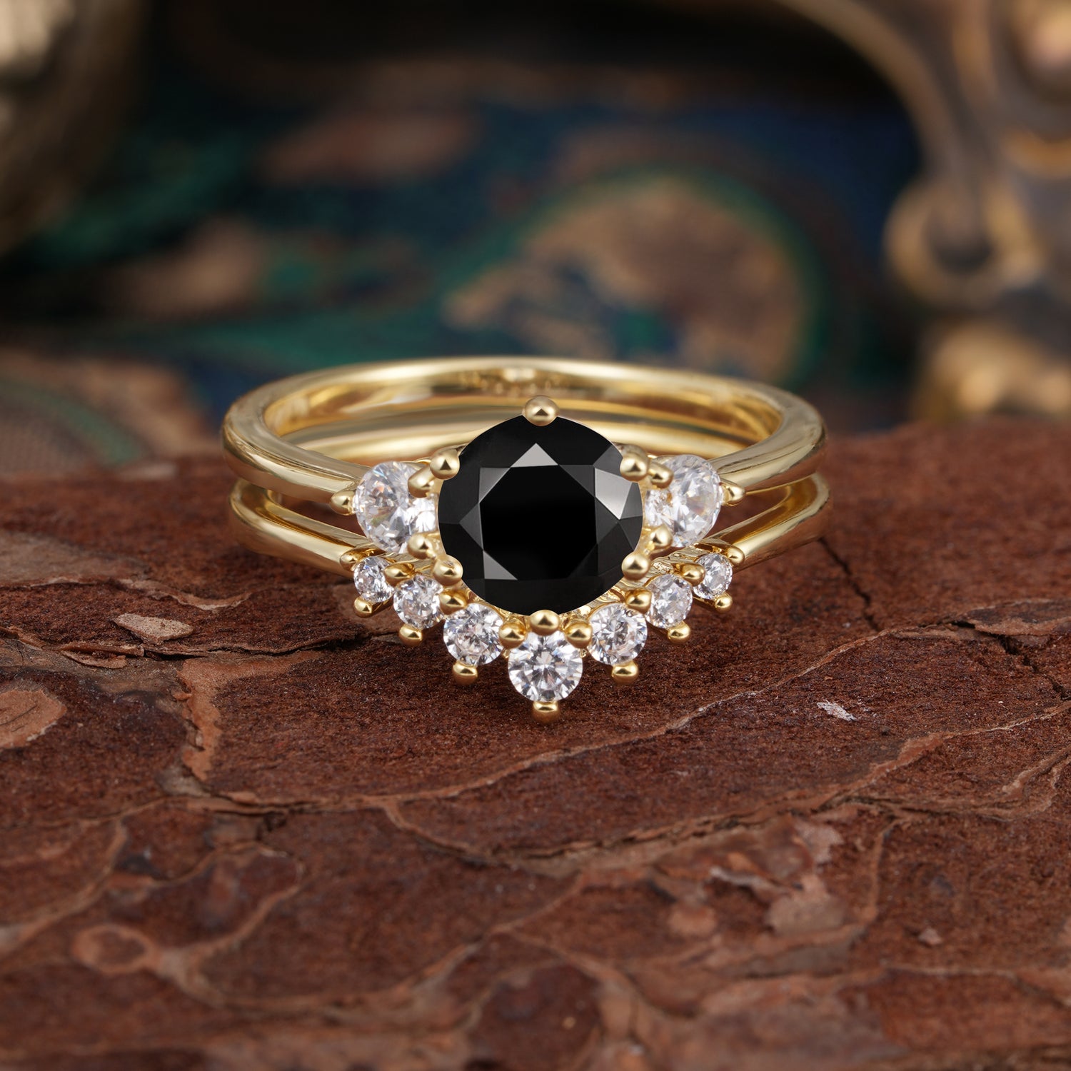 1 Carat Side Stone Round Cut Black Onyx Bridal Ring Set - Romalar Jewelry