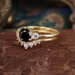 1 Carat Round Cut Black Onyx Engagement Ring Set Classic Wedding Ring