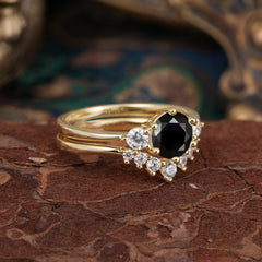 1 Carat Round Cut Black Onyx Engagement Ring Set Classic Wedding Ring