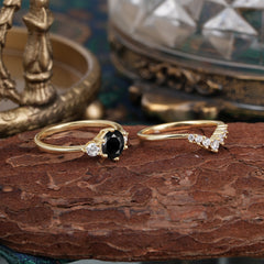 1 Carat Round Cut Black Onyx Engagement Ring Set Classic Wedding Ring