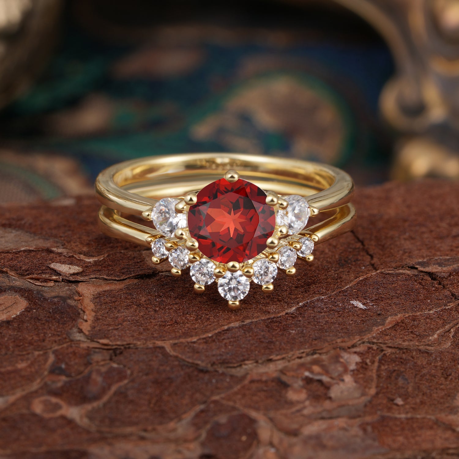 1 Carat Side Stone Round Cut Garnet Bridal Ring Set - Romalar Jewelry