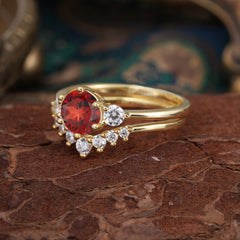 1 Carat Round Cut Garnet Engagement Ring Set Classic Wedding Ring