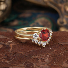1 Carat Round Cut Garnet Engagement Ring Set Classic Wedding Ring