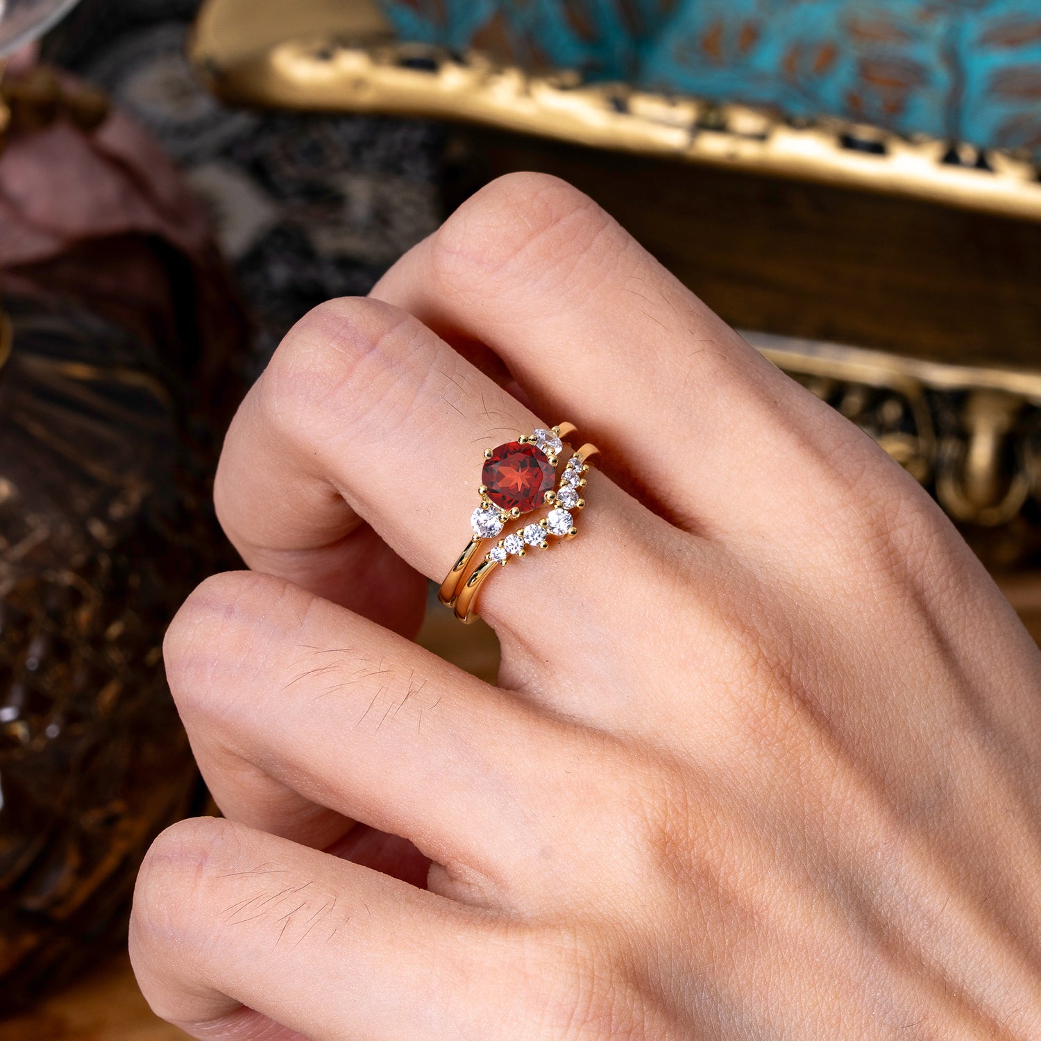 1 Carat Side Stone Round Cut Garnet Bridal Ring Set - Romalar Jewelry