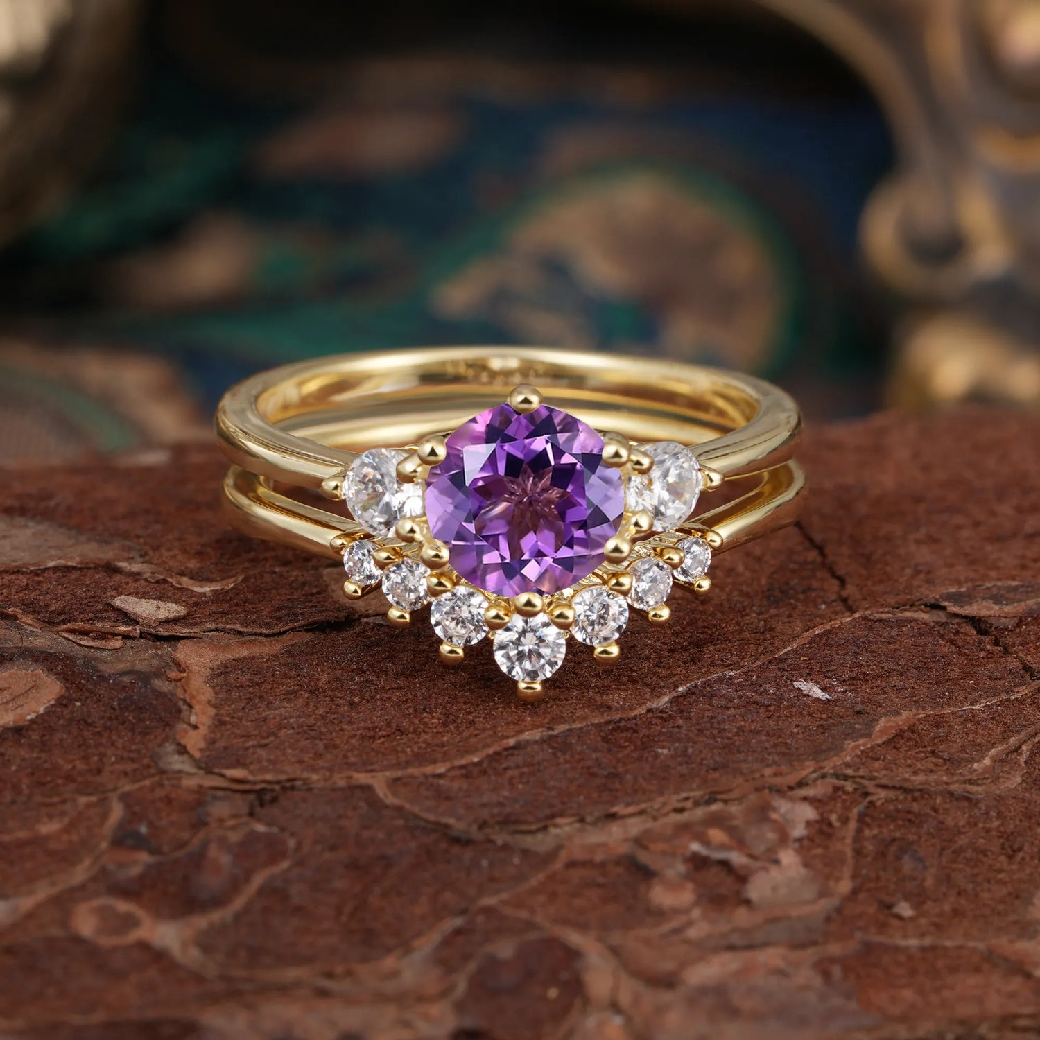 1 Carat Round Cut Amethyst Bridal Ring Set