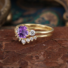 1 Carat Round Cut Amethyst Engagement Ring Set Classic Wedding Ring