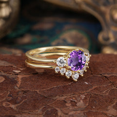 1 Carat Round Cut Amethyst Engagement Ring Set Classic Wedding Ring