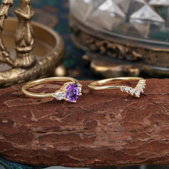 1 Carat Round Cut Amethyst Engagement Ring Set Classic Wedding Ring