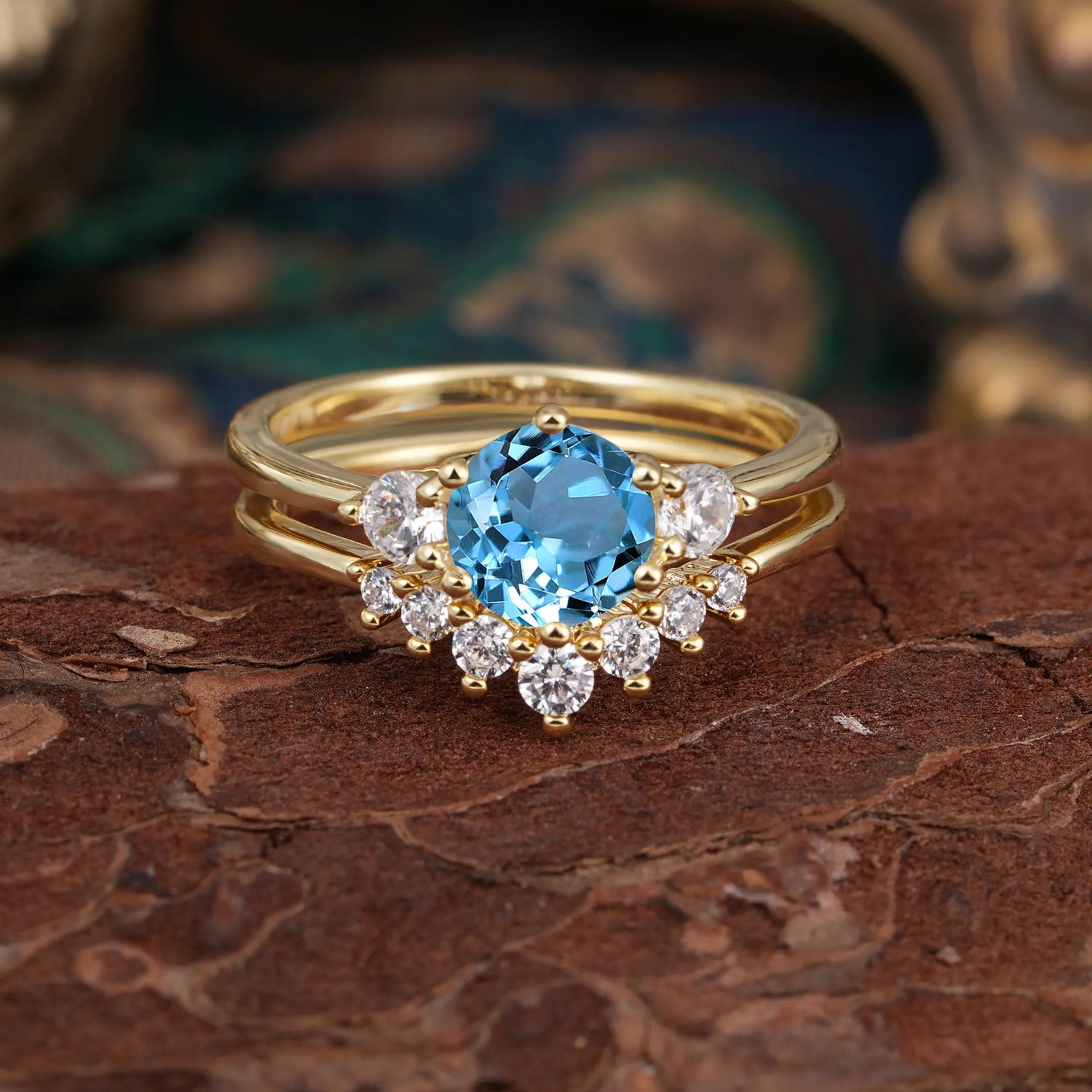 1 Carat Side Stone Round Cut Aquamarine Bridal Ring Set