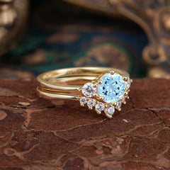 1 Carat Round Cut Aquamarine Engagement Ring Set Classic Wedding Ring