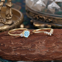 1 Carat Round Cut Aquamarine Engagement Ring Set Classic Wedding Ring