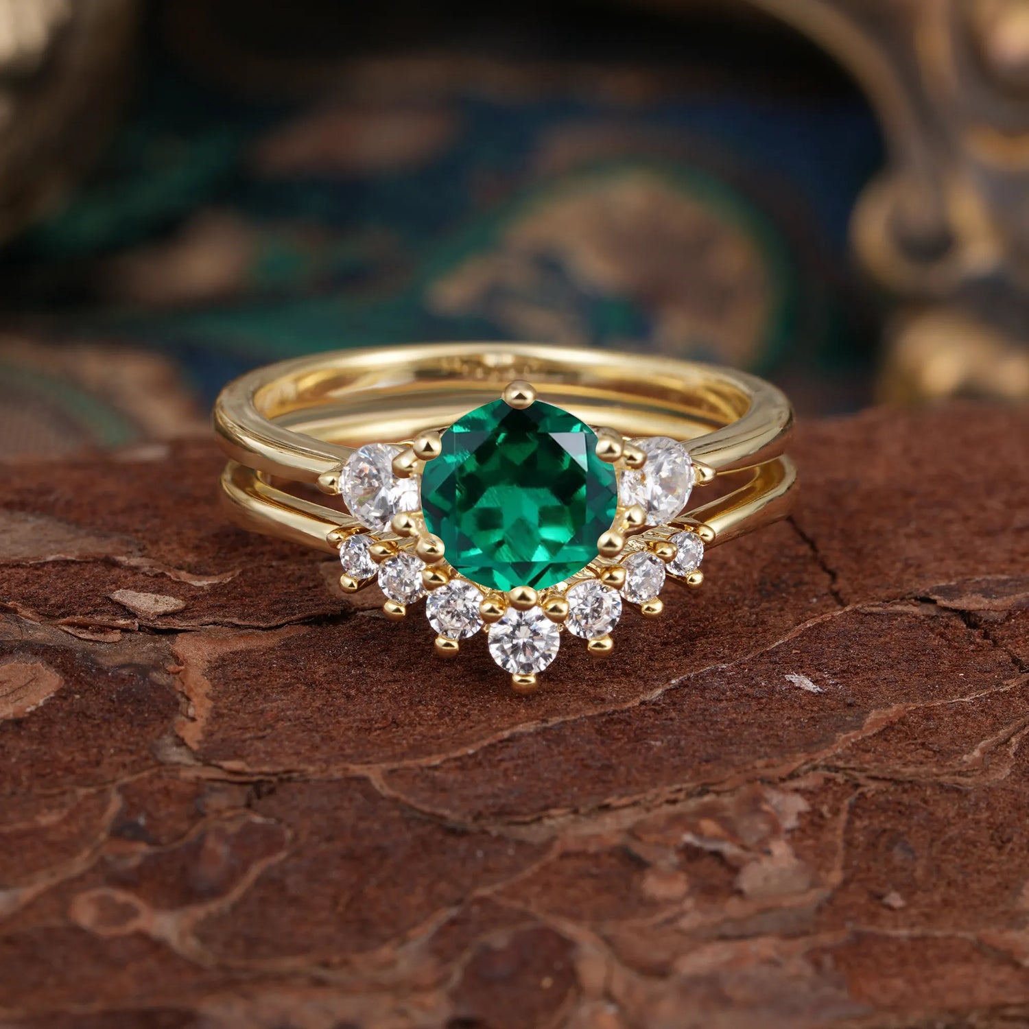 1 Carat Side Stone Round Cut Emerald Bridal Ring Set - Romalar Jewelry