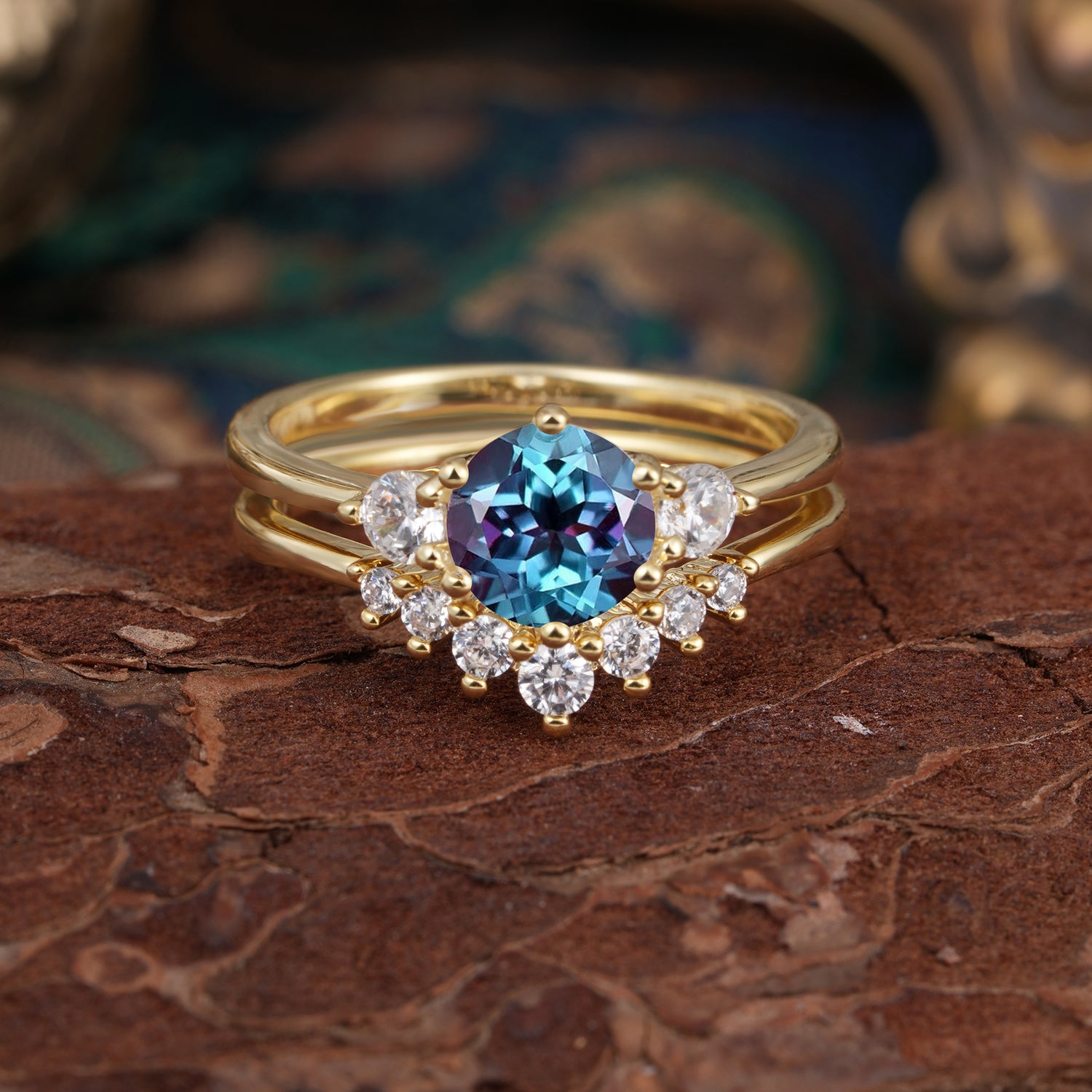1 Carat Side Stone Round Cut Alexandrite Bridal Ring Set