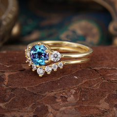 1 Carat Round Cut Alexandrite Engagement Ring Set Classic Wedding Ring