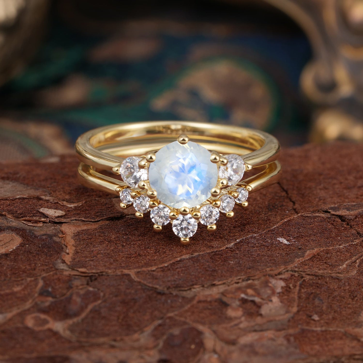 1 Carat Side Stone Round Cut Natural Moonstone Bridal Ring Set - Romalar Jewelry