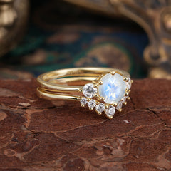 1 Carat Round Cut Natural Moonstone Engagement Ring Set Classic Wedding Ring
