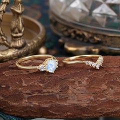 1 Carat Round Cut Natural Moonstone Engagement Ring Set Classic Wedding Ring