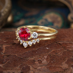 1 Carat Round Cut Ruby Engagement Ring Set Classic Wedding Ring