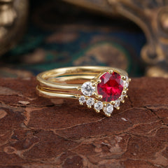 1 Carat Round Cut Ruby Engagement Ring Set Classic Wedding Ring