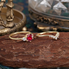 1 Carat Round Cut Ruby Engagement Ring Set Classic Wedding Ring
