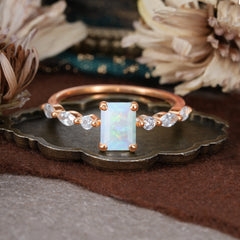 1CT Emerald Cut 4 Prong Opal Half Eternity Stacking Wedding Band Ring