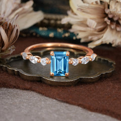 1CT Emerald Cut Aquamarine Half Eternity Stacking Wedding Band Ring